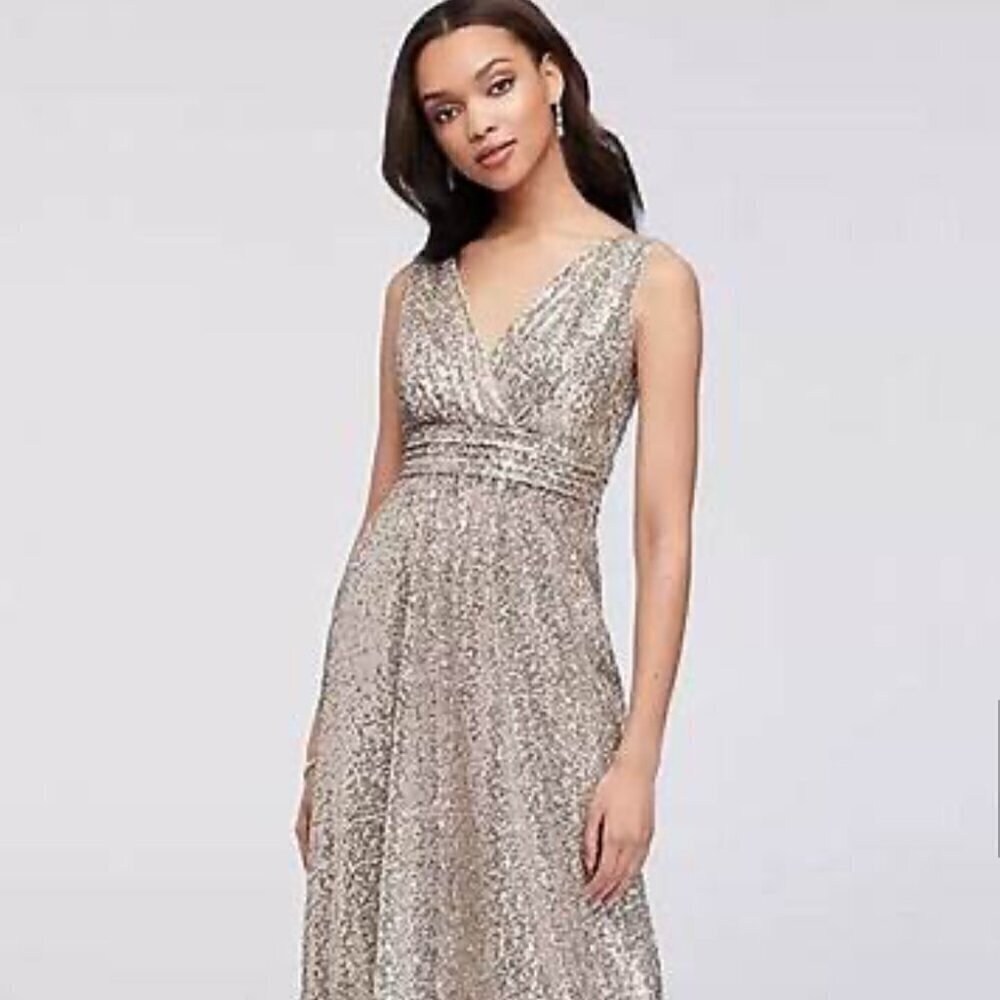David's Bridal SZ 6 Gold Grecian Sequin Formal glamour Party Formal Prom Wedding